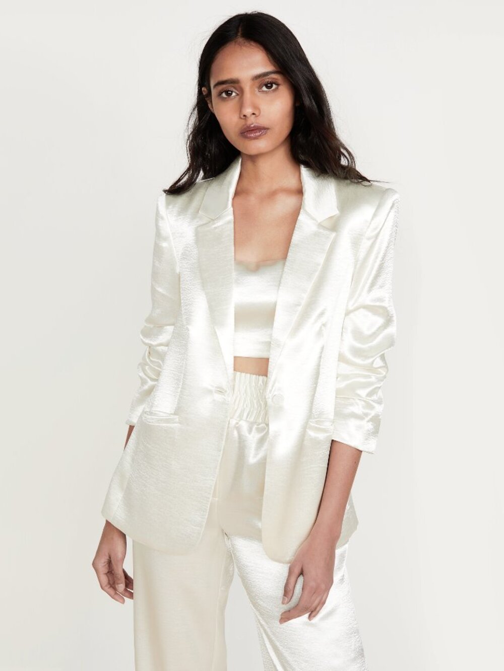 NWT Cinq à Sept ivory shimmery ruched blazer jacket & wide leg pants set, 0 & XS